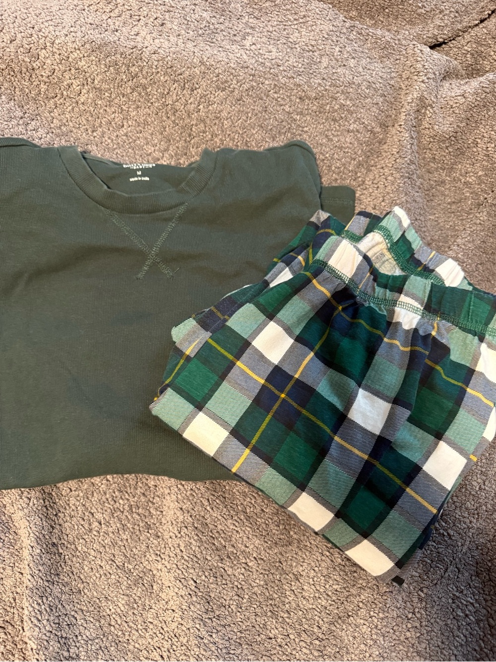 The Children's Place Green plaid pants and Burt's bees long sleeve both size m